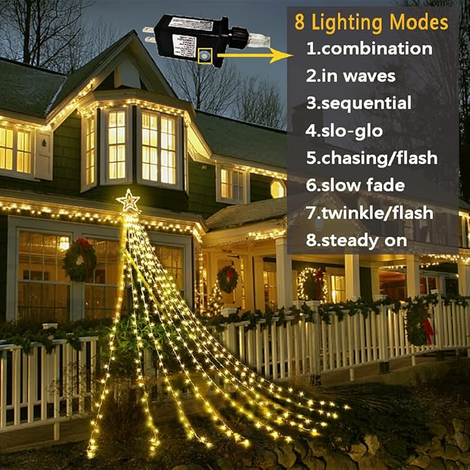 Aokudoni Christmas Lights Outdoor 12.6 ft 8-Lighting Modes Waterfall Xmas Lights Outdoor Christmas Decorations for Yard Tree House Holiday Party Warm White