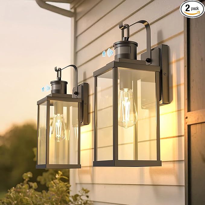 DORESshop Large Size Motion Sensor Outdoor Wall Lights 16 Inch Matte Black Waterproof Anti-Rust Outdoor Light Fixtures Wall Mount with Clear Glass Shade for Porch Garage ETL Listed 2 Pack
