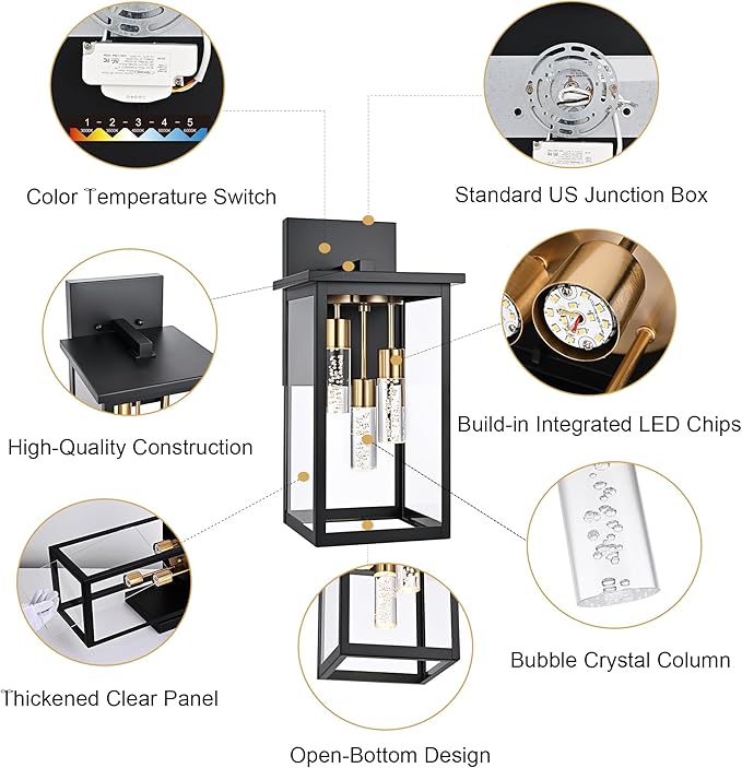 TODOLUZ 2-Packs Large 3-Lights LED Outdoor Wall Light Fixture Dimmable 5CCT Waterproof Exterior Porch Wall Sconce Lighting for Garage Front Door (3000K/3500K/4500K/5000K/6000K)