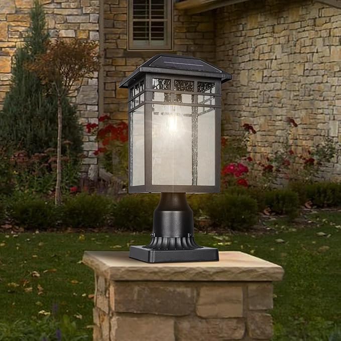 Solar Outdoor Post Light Fixture Modern Exterior Pillar Lantern with Black Finish &amp Seeded Glass Dusk to Dawn Outside Pole Light for Garden Backyard Courtyard Patio Pathway