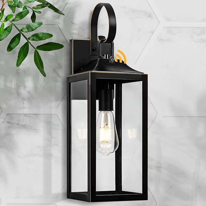 Large Dusk to Dawn Outdoor Wall Light 19 Black Outside Farmhouse Wall Sconce Industrial Wall Mount Light Fixture Waterproof Modern Porch Lighting Exterior Lamp for House -with Gold Trim