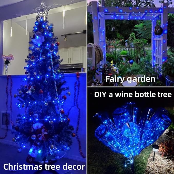 YEGUO 4 Pack Blue Solar Fairy Lights Each 33ft 100 LED Christmas Lights Outdoor Waterproof 8 Modes Sliver Wire Solar String Lights