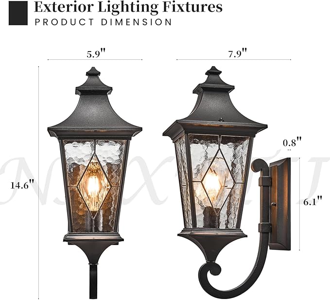 Outdoor Light Fixture Modern Outdoor Wall Sconce Light Waterproof Black Porch Lights Wall Mount with Water Ripple Handmade Glass for Gardens Porch Yards