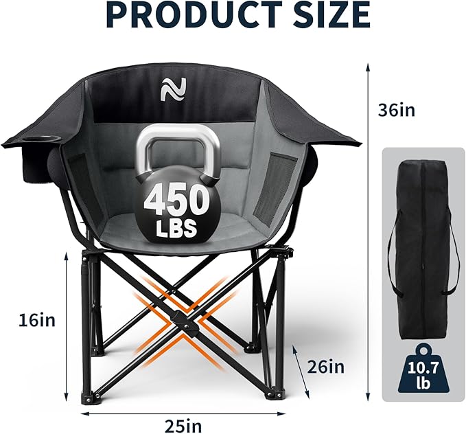 NAIZEA Padded Camping Chair Outdoor Folding Chair Portable Heavy Duty Arm Chairs with Side Pockets Cup Holder for Beach Lawn Picnic Fishing Backpacking