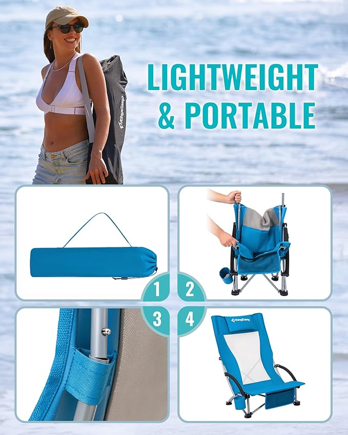 KingCamp Low Beach Chair High Back Folding Camping Chair for Adults Oversized Breathable Mesh Seat 300lbs Heavy Duty Portable Chair with Cup Holder &amp Storage Pockets for Beach Outdoor