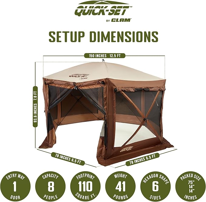 CLAM Pop Up Screen Tent Large Outdoor Camping Gazebo Canopy Pavilion 12.5' Brown - Foldable and Portable Screened Shelter with Netting for Beach Patio and Backyard
