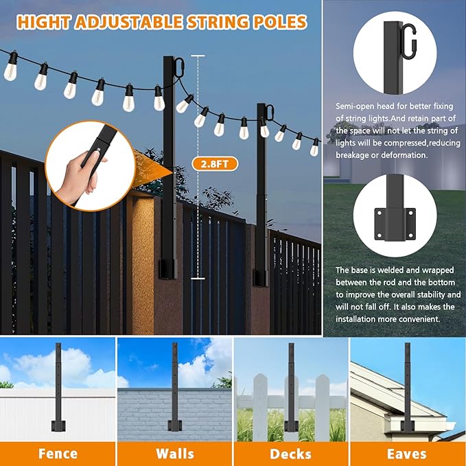 LETIANPAI 2.8Ft String Light Poles 6 PackLight Poles for Outside LightsOutdoor with Fence Brackets Hanging LightsMetal Stand Deck Patio Backyard