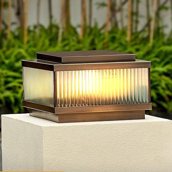 All Copper Steel Glass Outdoor Post lights Waterproof Pillar Light Vintage Patio Lawn Column Lampoutdoor column lightsDeck Lights Lantern Fence Lamp Fixture E26 Base (Electricity 12X12IN)