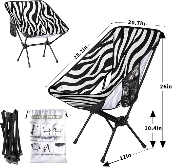 Honeybaby Folding Camping Chair Zebra Animal Print Camping Chairs Lightweight Portable Chair Outdoor Foldable Chairs for Camping Travel Picnic Beach Hiking