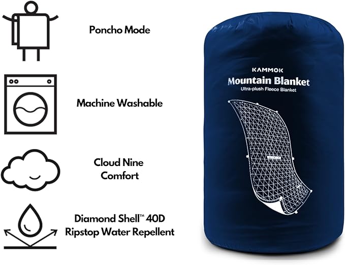 KAMMOK Mountain Blanket - Ultra-Plush Fleece Water Resistant Portable Durable Indoor/Outdoor Camp Blanket (84 in × 50 in) - Midnight Blue