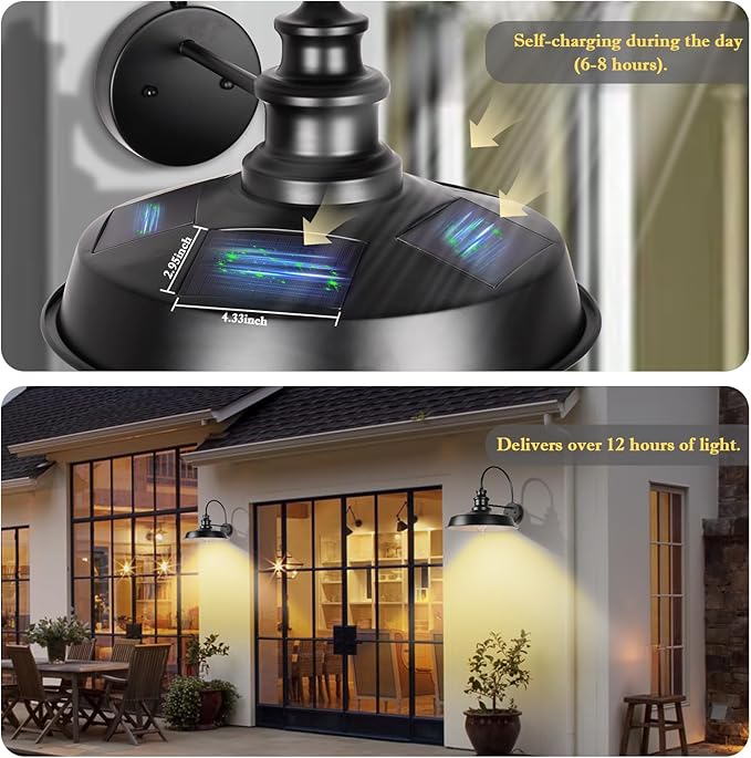 Solar Barn Light Outdoor 16 Inch Farmhouse Dusk to Dawn Sensor Wall Sconce Large Rustic Solar Powered Exterior Light Fixture for Porch Garage Patio ROS-SR028