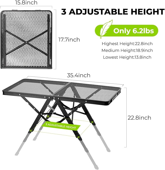 Camping Grill Table Aluminum Folding Picnic Table with 3 Level Height and Mesh Desktop 3x2FT Portable Outdoor Table for Camping Picnic Beach and BBQ (Black)
