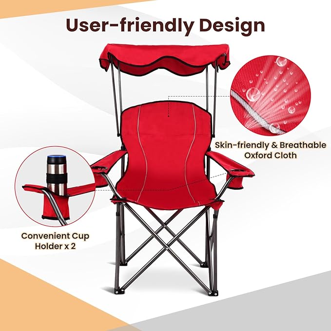 KOTEK Camping Chair with Canopy Portable Canopy Chair with Shade Cup Holder &amp Carry Bag Outdoor Folding Chairs for Sports Events Fishing Beach Picnic Hiking Travel (Red)
