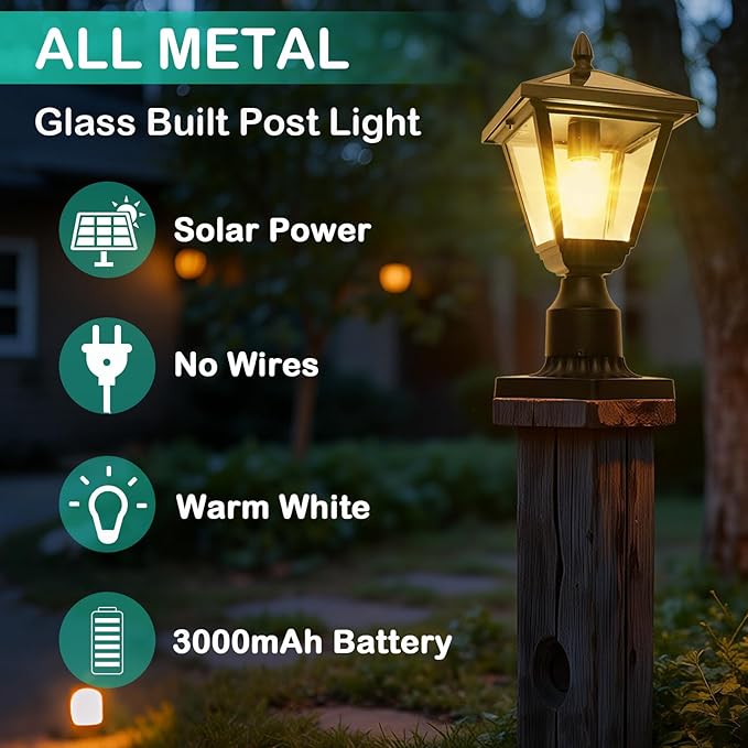Solar Post Lights Outdoor – No Wiring Required Auto Dusk to Dawn Fence &amp Pillar Light for Backyard Garden Pathway Metal and Glass Built Weather Resistant Post Lamp Lights (Warm White)