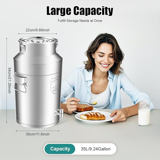 35L Stainless Steel Milk Can Heavy Duty Food Storage &amp Transport Container for Dairy Wine Grains Ideal for Home Farm &amp Commercial Use With a Faucet