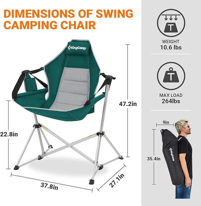 KingCamp Oversized Hammock Camping Chair Swinging Recliner Chair for Backyard Lawn Beach Camp Outside Indoor Adults Portable Lounger Folding Chair Hold Up to 264lbs Cup Holder (Green/Grey)