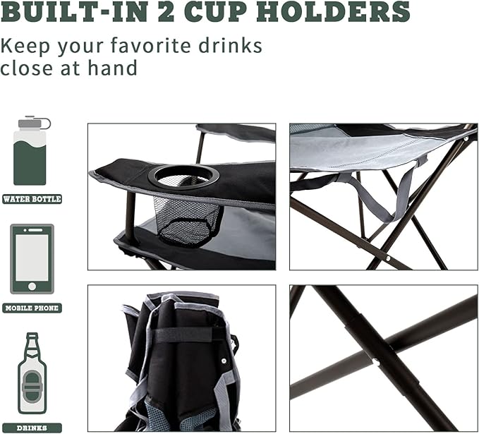 SUNNYFEEL Folding Oversized Camping Chair Padded Portable Lawn Chairs for Adults Heavy Duty 300 LBS Folding Camp Quad Chair High Back with Cup HolderArmrest for PicnicBeachSports