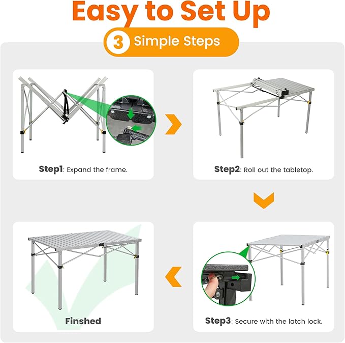 Large 46.4 Camping Table for 2-6 People - 220lbs Capacity Heavy Duty Foldable Outdoor Table with Aluminum Roll-Up Top &amp Carry Bag Portable Picnic Desk for BBQ Tailgating Backyard (Silver)