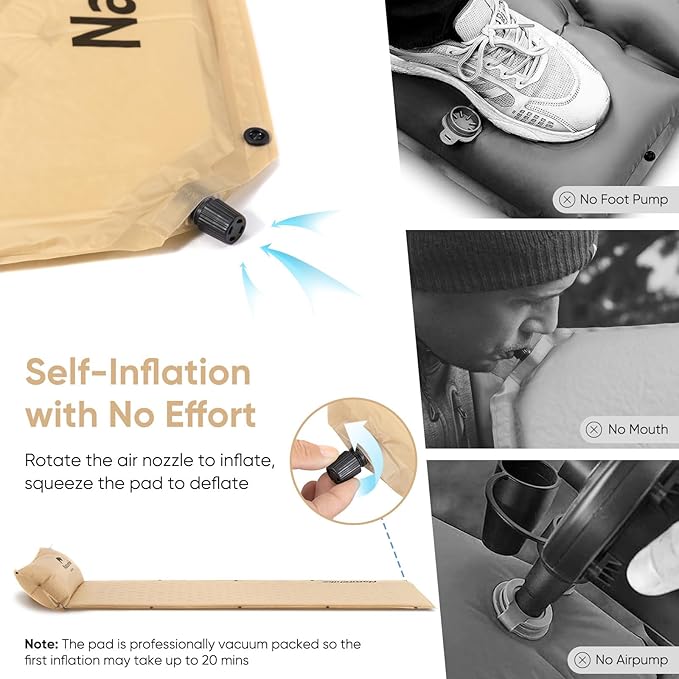 Naturehike Self-Inflating Sleeping Pad Ultralight Memory Foam Camping Pad with Pillow Fast Inflating Patchwork Sleeping Pad for Camping Hiking RV Camping with Storage Bag Single Pottery Yellow