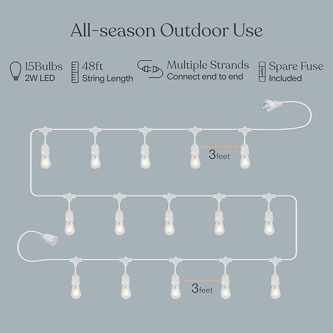 Brightech Ambience Pro Waterproof LED Outdoor String Lights 48 Ft Hanging Dimmable Vintage Edison Bulbs 15 Bulbs 2W