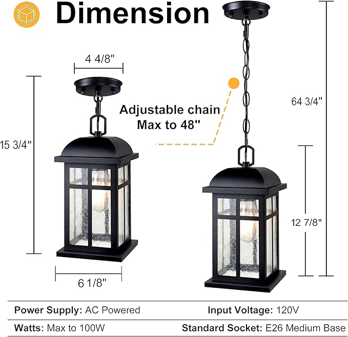 Outdoor Pendant Light for Porch Farmhouse Exterior Pendant Lantern Matte Black Outside Modern Hanging Porch Light with Seeded Glass for Door Patio Entryway Gazebo Breezeway Pergolas Yard