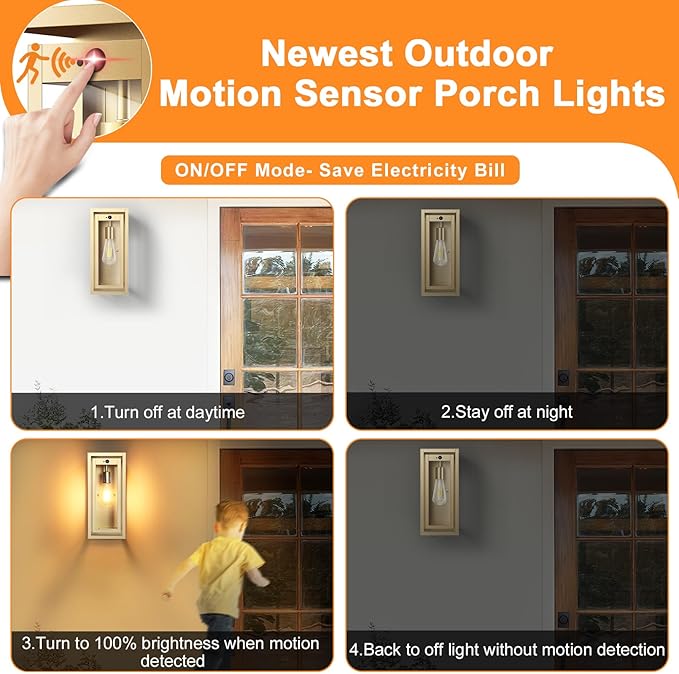 15 Motion Sensor Gold Outdoor Light Fixture Wall Mount 3 Lighting Modes Waterproof Anti-Rust Wall Sconces 2 Pack Exterior Lighting Fixtures for Front Door Porch Garage