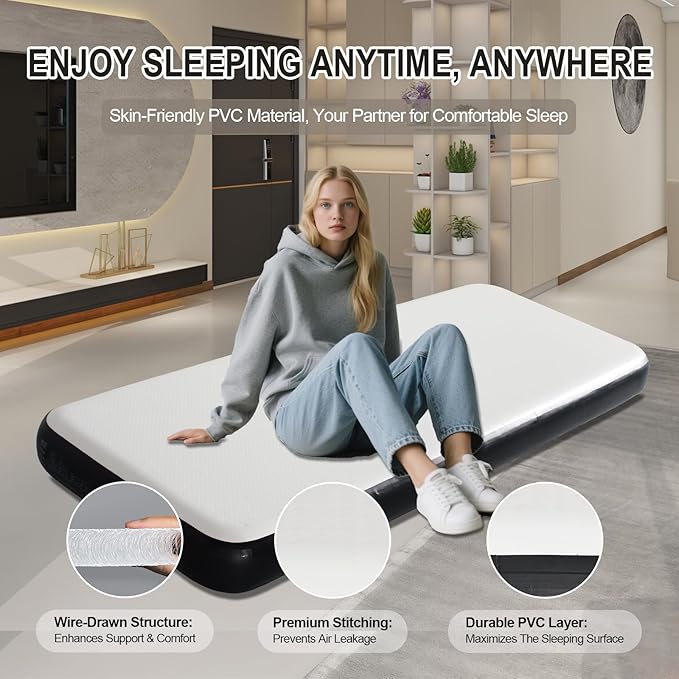 Twin Size Inflatable Air Bed Mattress 8'' Elevated Pad with Pump Wood Grain Hypo-Allergenic Portable Outdoor Camping Mat