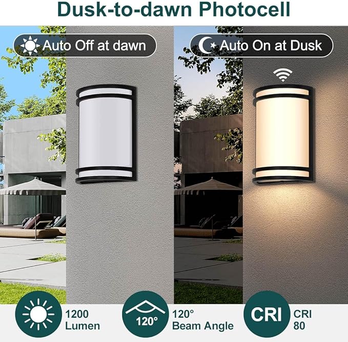 kadision Dusk to Dawn LED Wall Sconce 3000K/4000K/5000K 3-Color Adjustable 15W 1200lm 120V Half-Cylinder Outdoor Light Fixture Front Porch Light Aluminum Frame ETL Listed 1-Pack