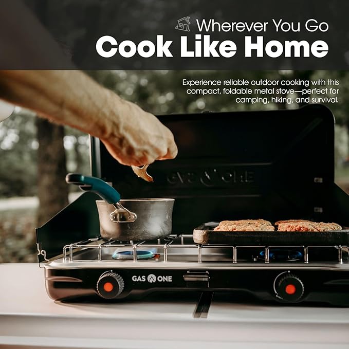 GasOne Portable Camping Stove – Double Propane Stove with Auto Twist Turn Ignition – 22000 BTU Camping Cooktop with 2 Burners and Wind Guard – Ideal for Tailgating Fishing Travel