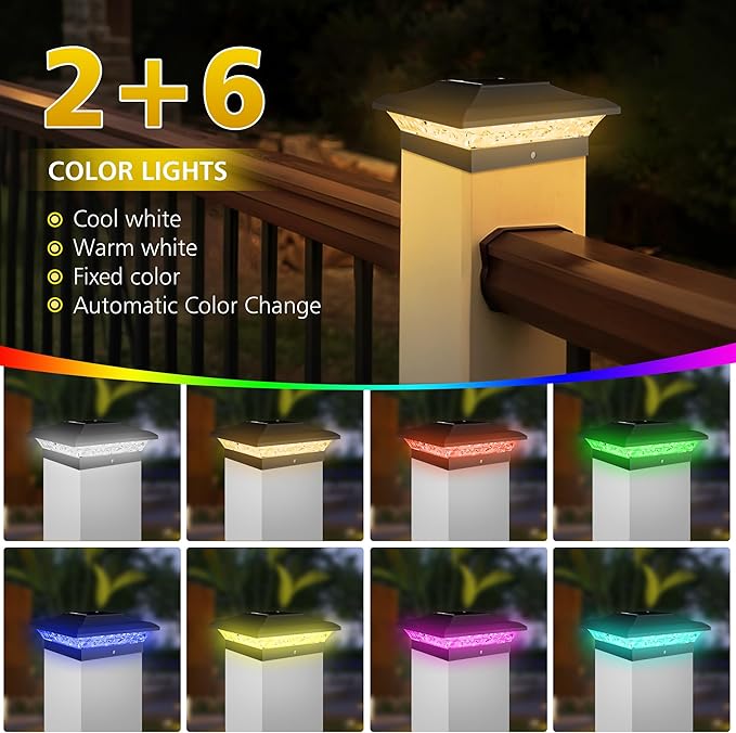 T-SUN Solar Post Cap Lights with Auto-Change Colors- for Vinyl/Wooden Posts IP65 Weatherproof Outdoor Solar Fence Post Lights for Deck Porch Garden &amp Stairs(24-PackRGB)