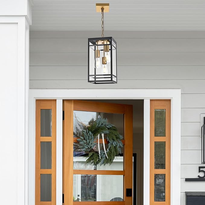 3-Light Outdoor Pendant Lights for Porch Black &amp Brushed Brass Outdoor Chandelier 16'' Exterior Hanging Porch Light Fixtures w/Clear Glass Waterproof Outside Pendant Lantern for Garage