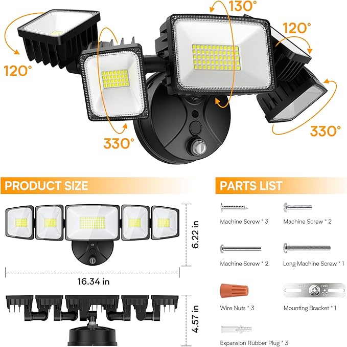 Onforu 120W 12000LM Dusk to Dawn Outdoor Lighting5 Heads Flood Lights Outdoor6500K Super Bright Automatic Outdoor LightingIP66 Waterproof Hardwired LED Security Lights for GarageYardOutside