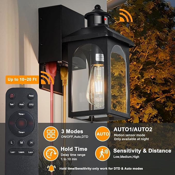 Porch Light with GFCI Outlet: 2 Pack Motion Sensor Porch Lights Outdoor with Remote Control Dusk to Dawn Exterior Lighting Fixtures Black Modern Outdoor Wall Lights for House Garage Patio