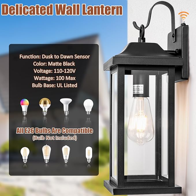 Dusk to Dawn Large Outdoor Wall Light 17 Inch Exterior Light Fixture Porch Light with Tempered Clear Glass IP65 Waterproof Anti-Rust Outside Wall Sconce Matte Black Wall Lantern 1-Pack