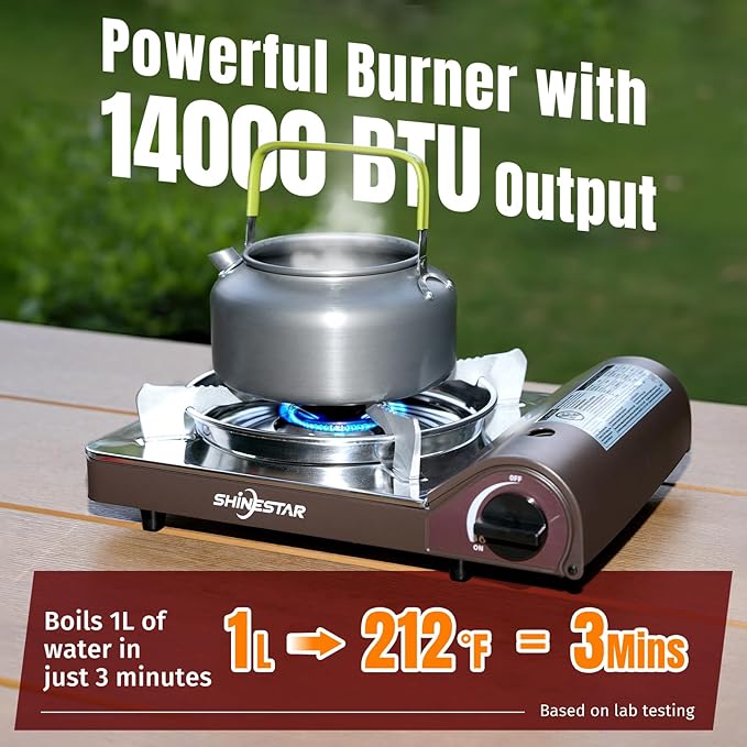 SHINESTAR 14000 BTU Butane Camping Stove Double Wind-Guard Portable Butane Stove for Camping Hiking Emergencies Tailgating Essentials Carrying Case Included Brown
