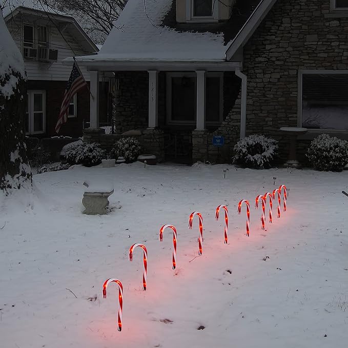 Candy Cane Christmas Lights Outdoor 10 inch Lighted Candy Cane Yard Lights with Set of 10 Candy Canes Outdoor Walkway Christmas Lights Pathway Lawn Yard Decorations