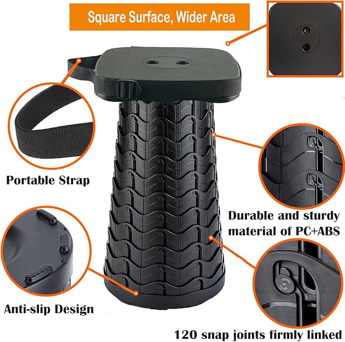 Collapsible Camping Stool with Seat Cushion &amp Nylon Bag Square Portable Telescopic Stool Lightweight Sturdy Foldable Stool for Camp Fishing Picnic Max Load 550 lb