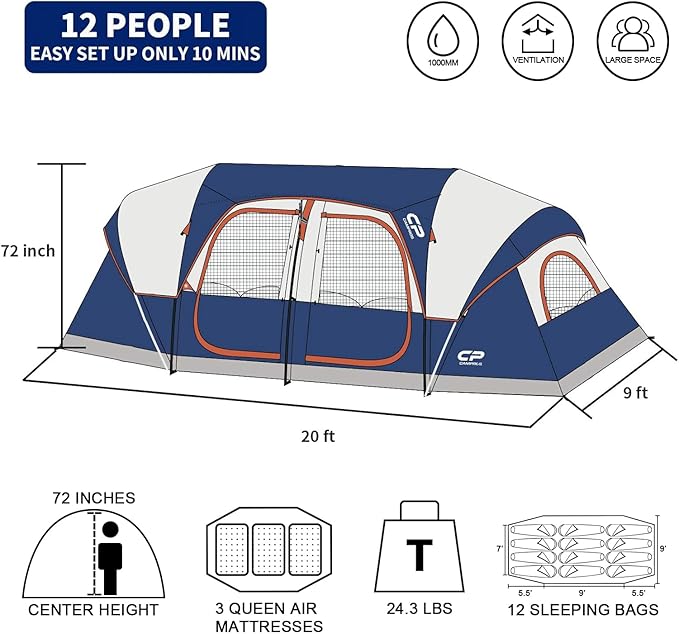 CAMPROS CP Tent 12-Person-Camping-Tents3 Room Family TentsWaterproof Windproof Family Tent with Top Rainfly6 Large Mesh WindowsDouble LayerEasy Set Up Portable with Carry Bag-20' x 9' x 72(H)