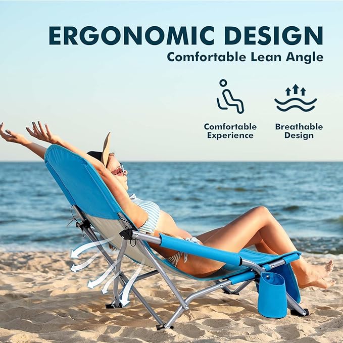 AKSOUL Folding Beach Chair for Adults: Low/High Back Chairs with Carry Bag - Extra Wide Seat Chair with Comfortable Pillow &amp Storage Pocket (1 Pack &amp 2 Pack Blue)