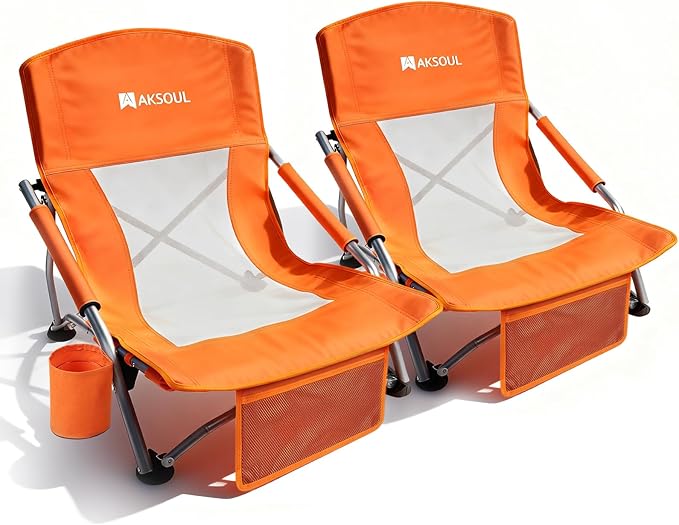 AKSOUL Folding Beach Chair for Adults: Low/High Back Chairs with Carry Bag - Extra Wide Seat Chair with Comfortable Pillow &amp Storage Pocket (1 Pack &amp 2 Pack Blue)