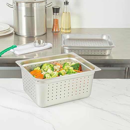 Restaurantware Steam Table Pan 1 Pack of Half Size Stainless Steel Perforated Hotel Pan Anti-Jam 6 Inch Deep Silver Commercial Kitchen Pan 24 Gauge