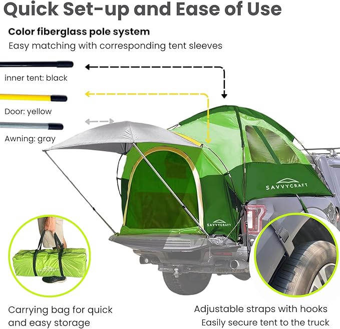 Savvycraft Pickup Truck Tent for Full Size and Mid Size Truck Short Bed and Long Bed Waterproof P3000mm 2-Person Double Layer Truck Bed Camping Tent Expandable Awning Rainfly Storage Bag Included