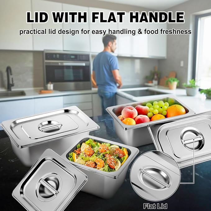 West Bay 4 Pack 1/6 Size Hotel Pan with Lids 4'' Deep Steam Table Pan with Lid 7''L x 6.5''W Stainless Steel Pans for Home Party Hotel Buffet