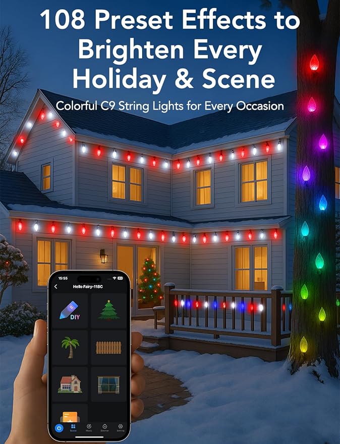 LED C9 Christmas Lights Outdoor100FT 150 LEDsApp Remote Controlled RGB Smart String Lights with DIYMusic Sync &amp Timer108 ModesWaterproof &amp Extendable for RooflineHouseXmas TreeHallowee