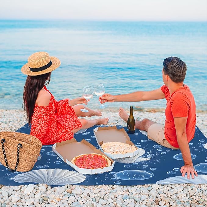 Waterproof Sandproof Beach Blanket 59''×68'' Sea Scallop Polyester Outdoor Picnic Blanket with 4 Stakes &amp Storage Bag for BeachCampingVacation Blue