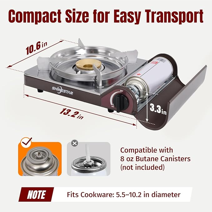 SHINESTAR 14000 BTU Butane Camping Stove Double Wind-Guard Portable Butane Stove for Camping Hiking Emergencies Tailgating Essentials Carrying Case Included Brown