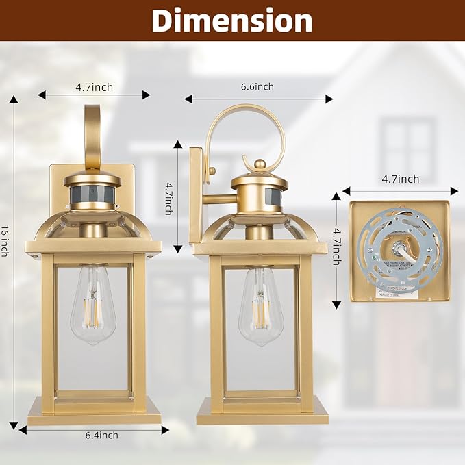 Gold Motion Sensor Outdoor Light Fixtures Dusk to Dawn 2-Pack 16 Inch Brass Outdoor Wall Sconces Photocell Outside Lights for House Front Porch Lights Carriage Coach Lights Courtyard