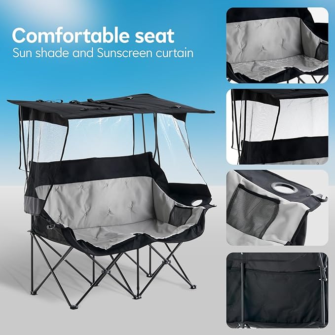 Outdoor Folding Chair with Umbrella Camping Chairs Loveseat Double Oversized Outdoor Chair with Cup Holder&ampCanopy Shade for BBQ Beach Fishing Easy Fold and Carry (Black+Grey)