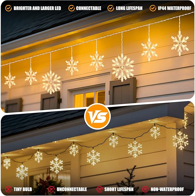 Snowflake Christmas String Lights with 9 Drops - 13ft 150 Mini Bulb Icicle Lights with Hooks Plug-in Connectable Hanging Lights for Christmas Home Indoor Outdoor Party Wedding Holiday Décor 2 Pack