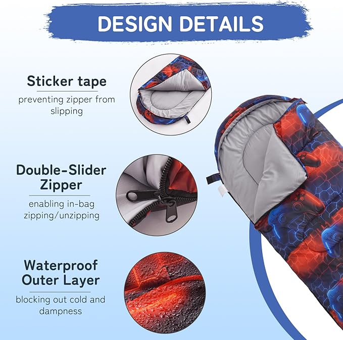 tuphen Kids Sleeping Bag - 50-77℉ 3-Season Waterproof Sleeping Bag for Boys &amp Girls Lightweight 2.2 lbs Camping Gear with Compression Bag Ideal for Camping Hiking Indoor